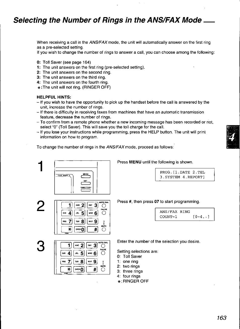 Helpful hints, Ees cis o, Selecting the number of rings in the ans/fax mode | 1! i «c 2| imf 3| q | Panasonic KX-F3100 User Manual | Page 165 / 248