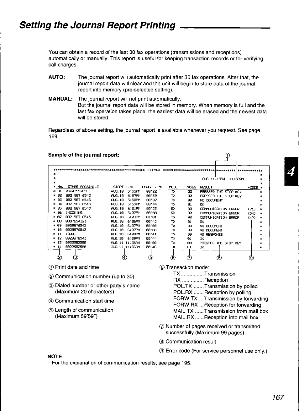 Note, Setting the journal report printing, 1 1 i j | Panasonic KX-F3100 User Manual | Page 169 / 248