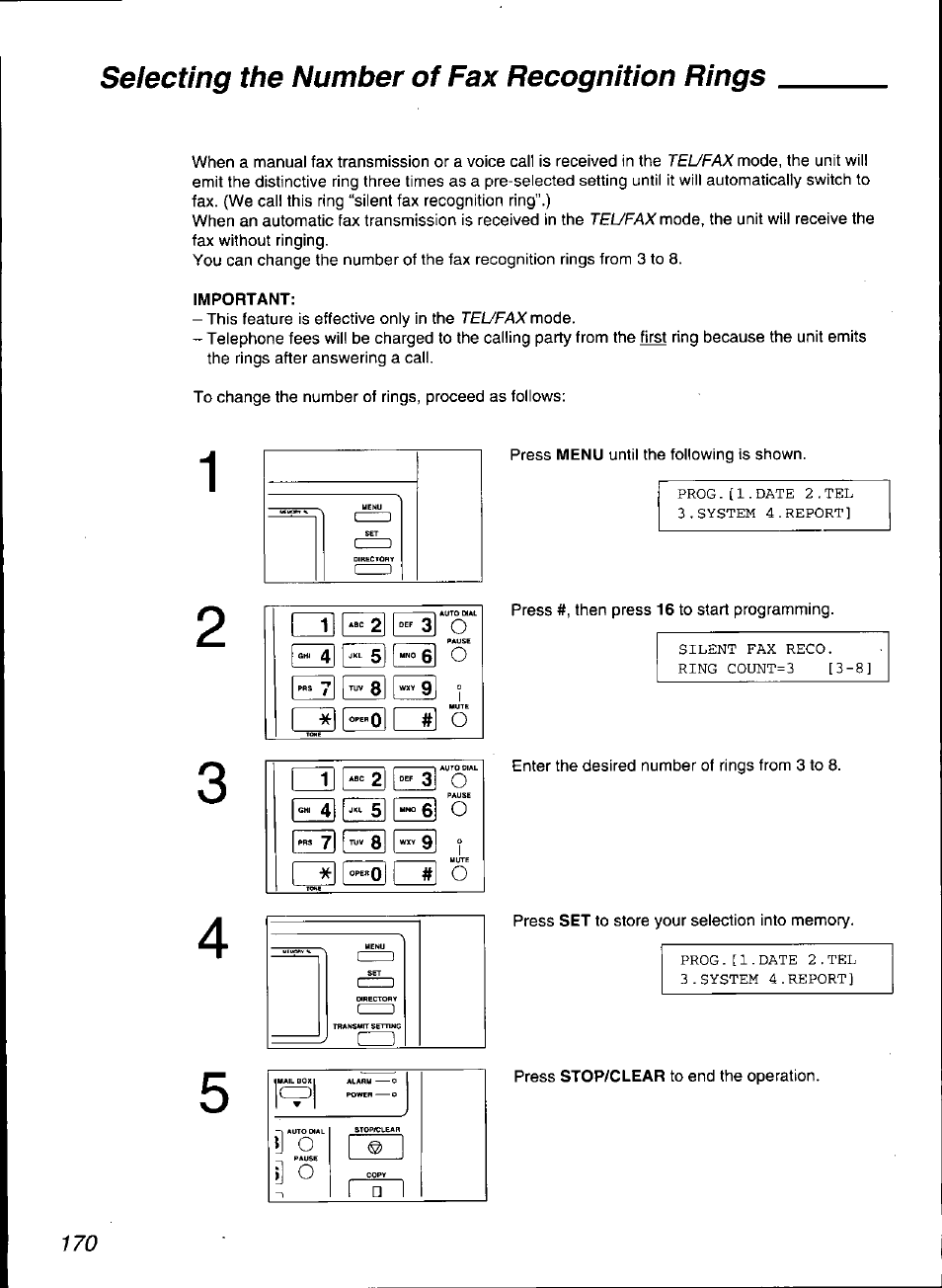 Important, Selecting the number of fax recognition rings, T] o | I] o | Panasonic KX-F3100 User Manual | Page 172 / 248