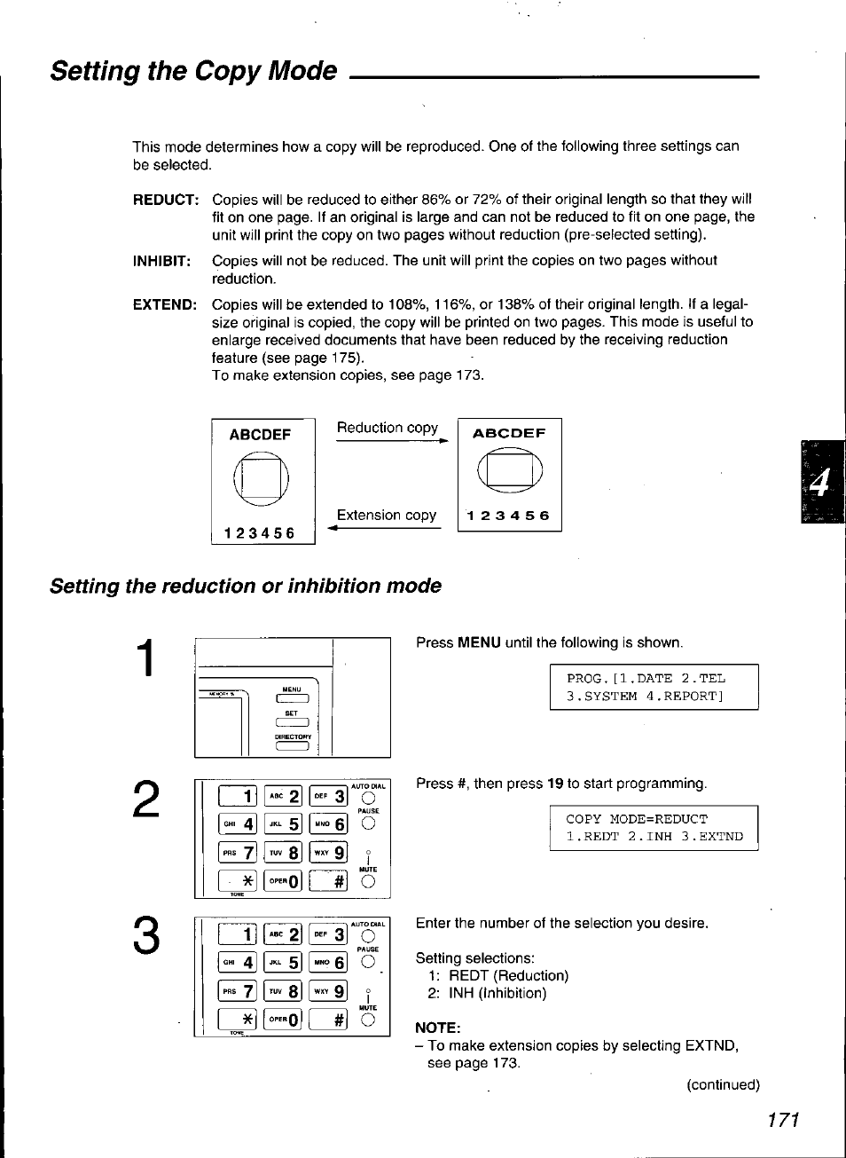 Note, Setting the copy mode, Setting the reduction or inhibition mode | Panasonic KX-F3100 User Manual | Page 173 / 248