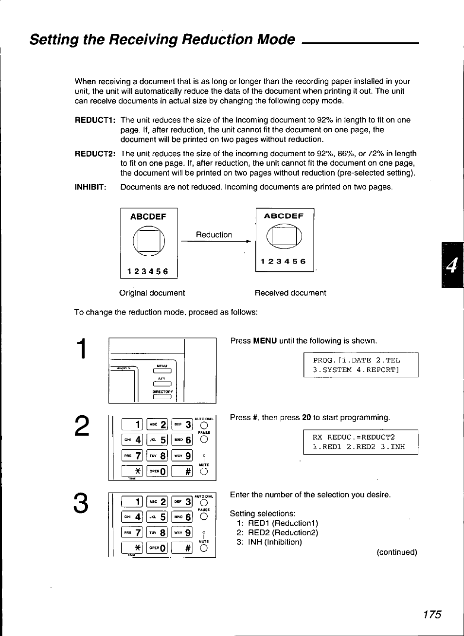 Setting the receiving reduction mode | Panasonic KX-F3100 User Manual | Page 177 / 248