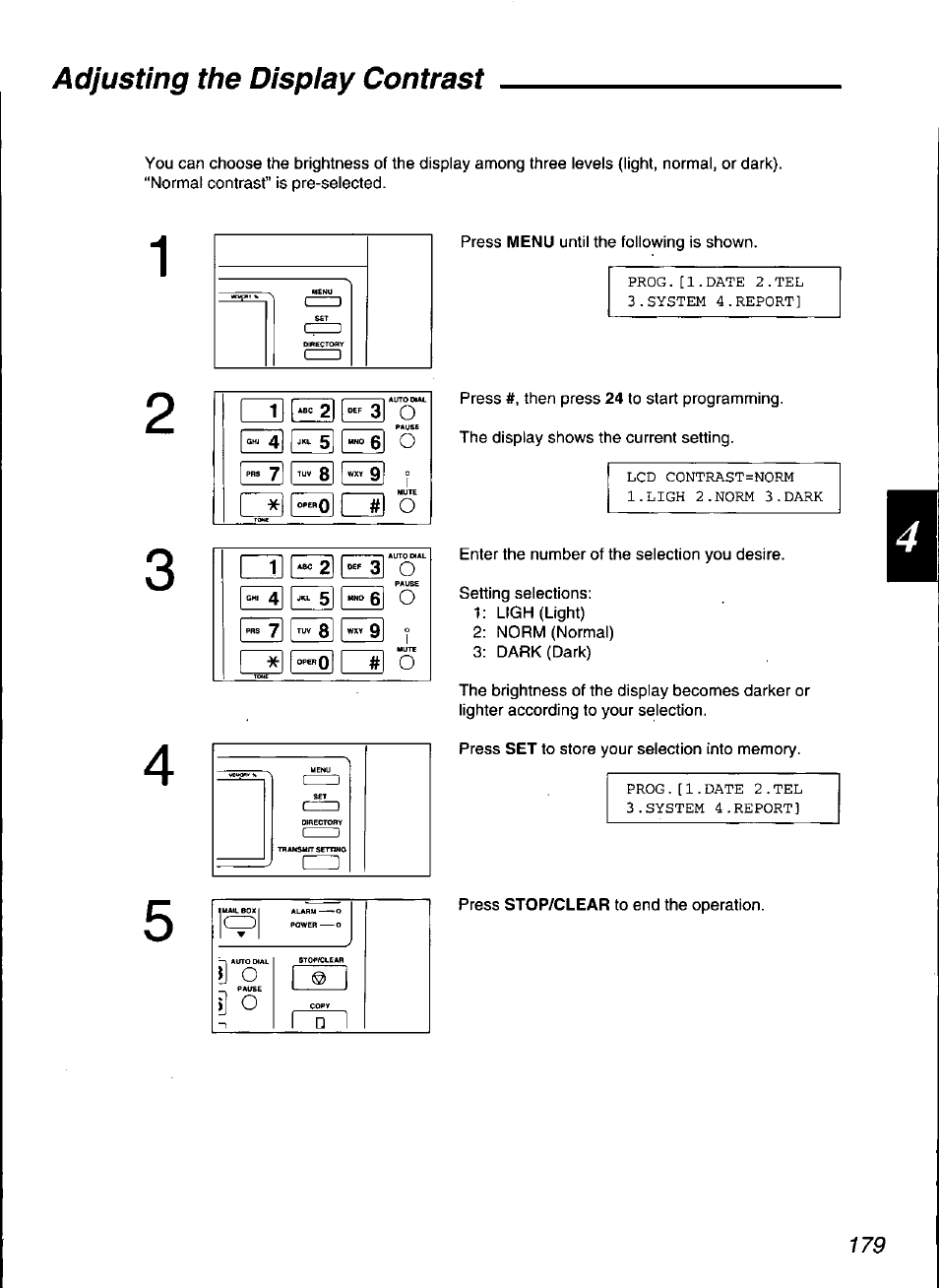 Adjusting the display contrast | Panasonic KX-F3100 User Manual | Page 181 / 248