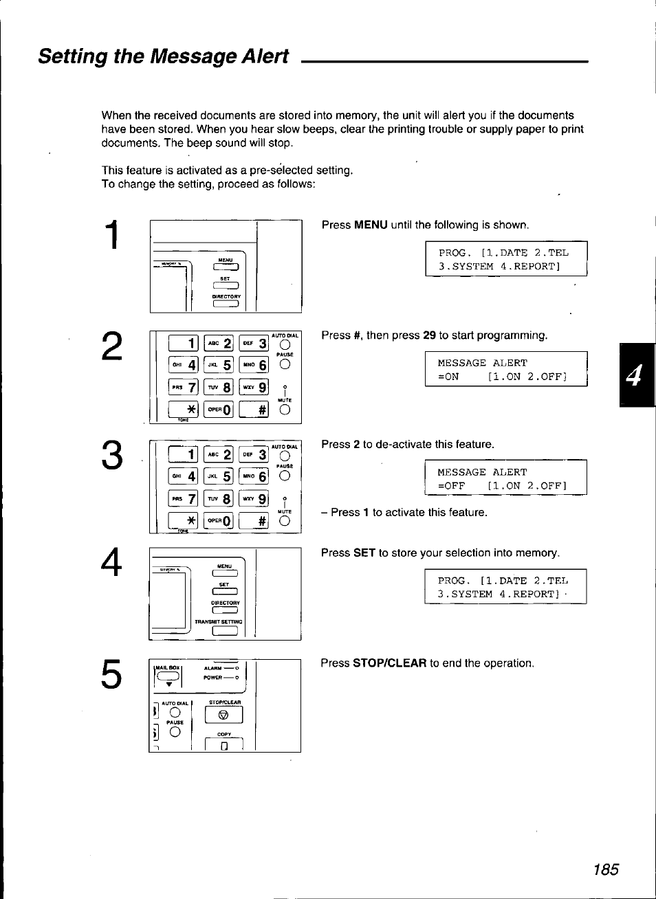 Setting the message alert | Panasonic KX-F3100 User Manual | Page 187 / 248