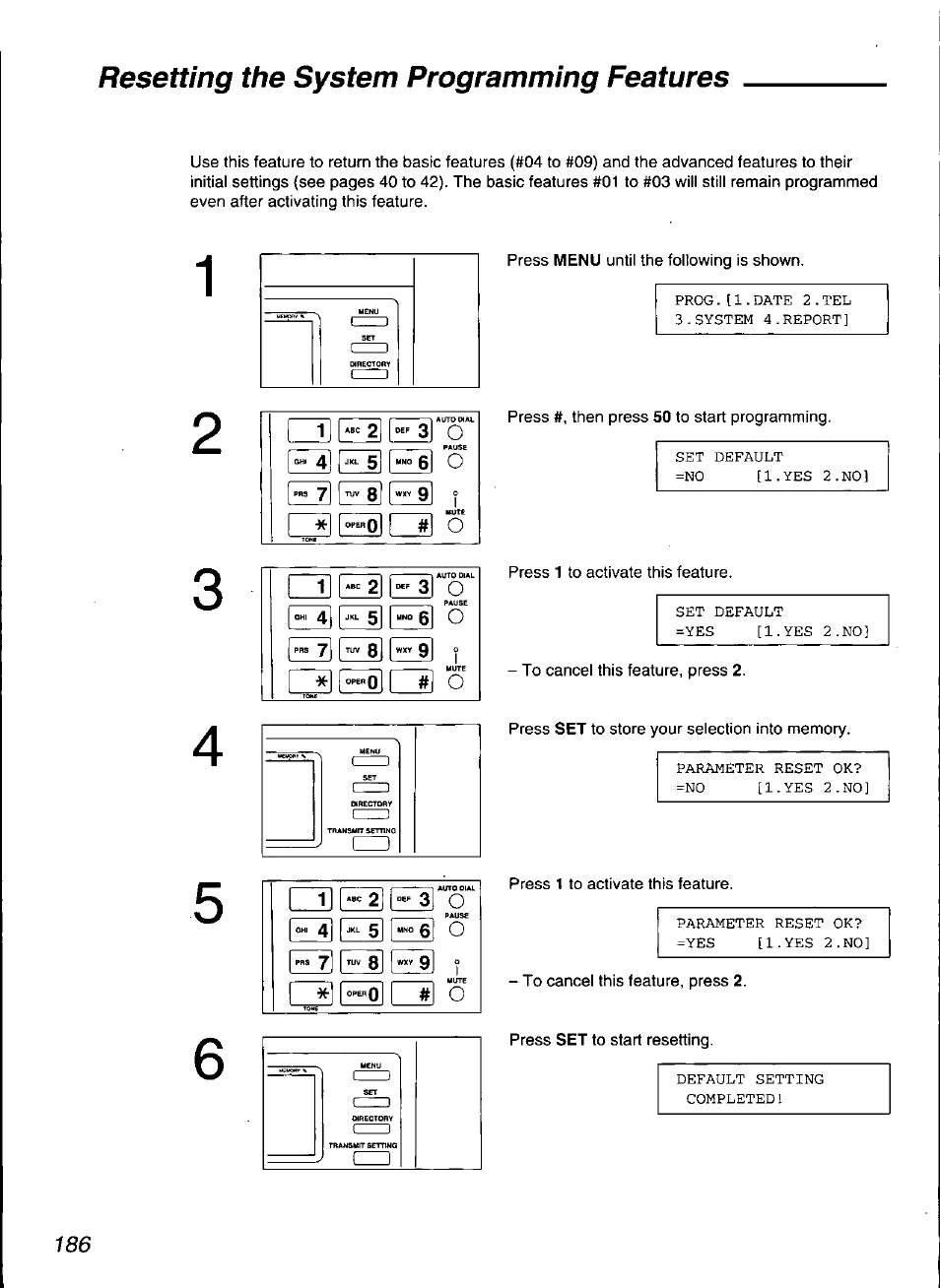Resetting the system programming features | Panasonic KX-F3100 User Manual | Page 188 / 248