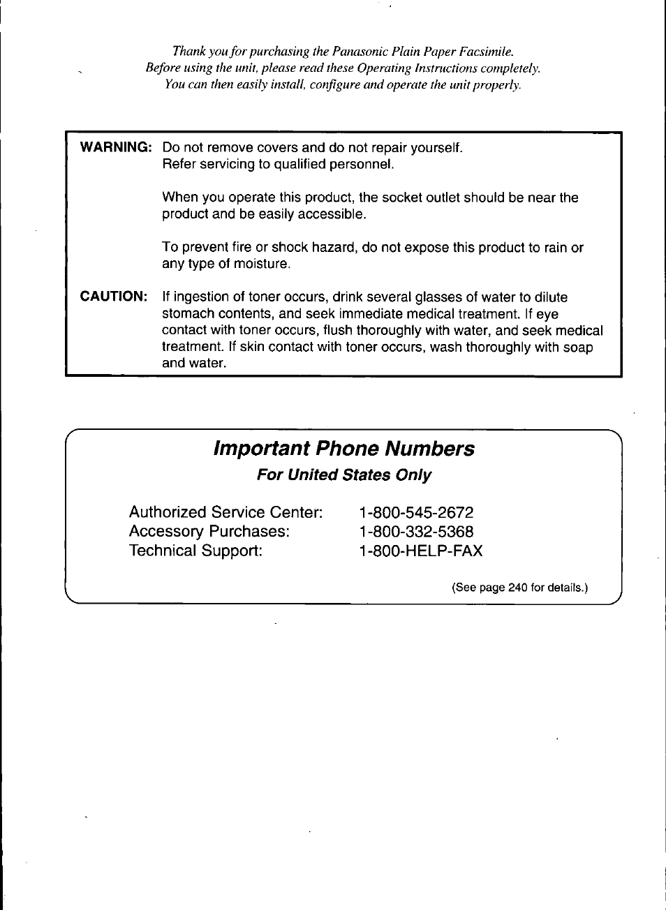 Important phone numbers | Panasonic KX-F3100 User Manual | Page 2 / 248