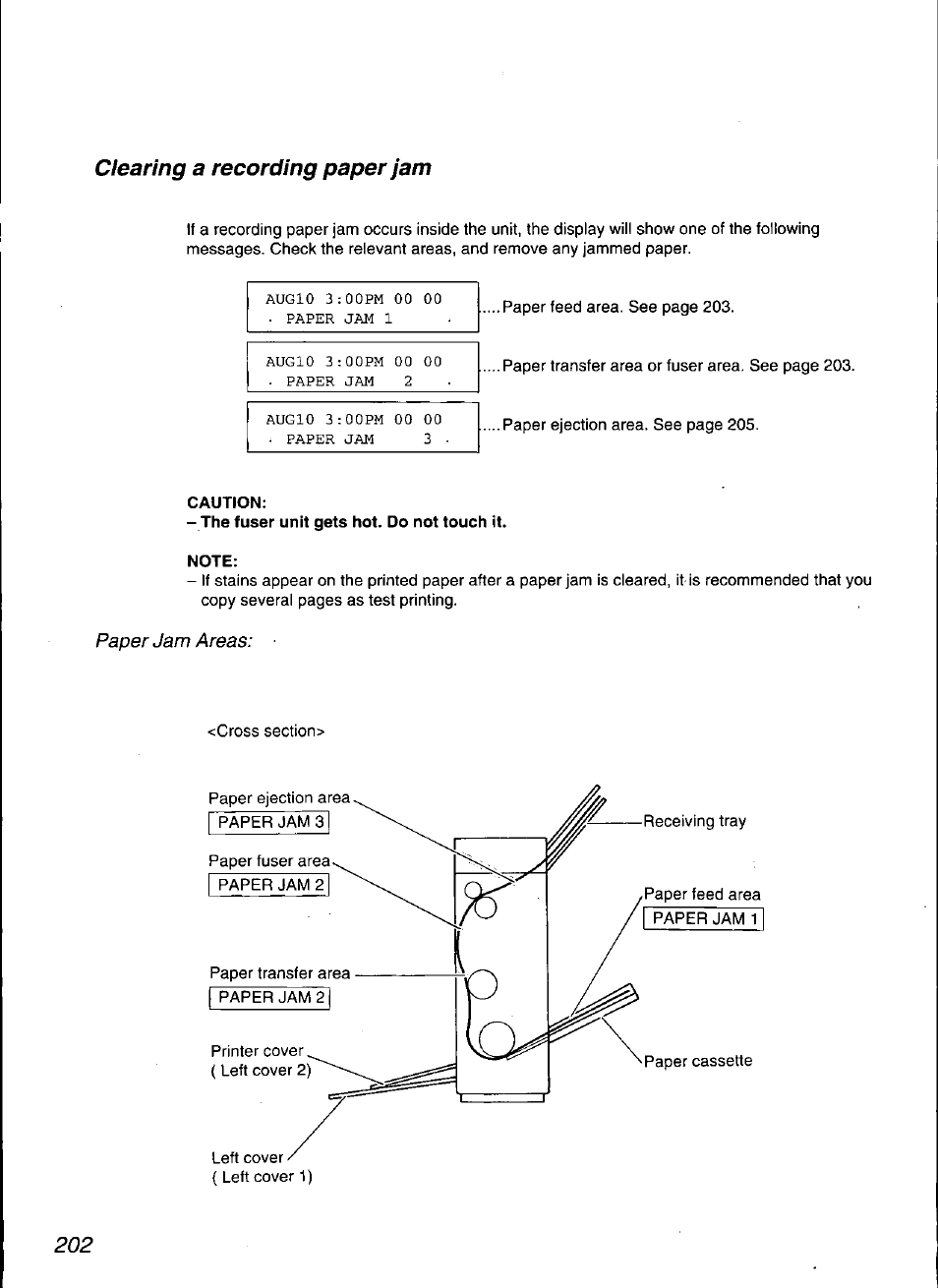 Caution, Note, Clearing a recording paper jam | Panasonic KX-F3100 User Manual | Page 204 / 248