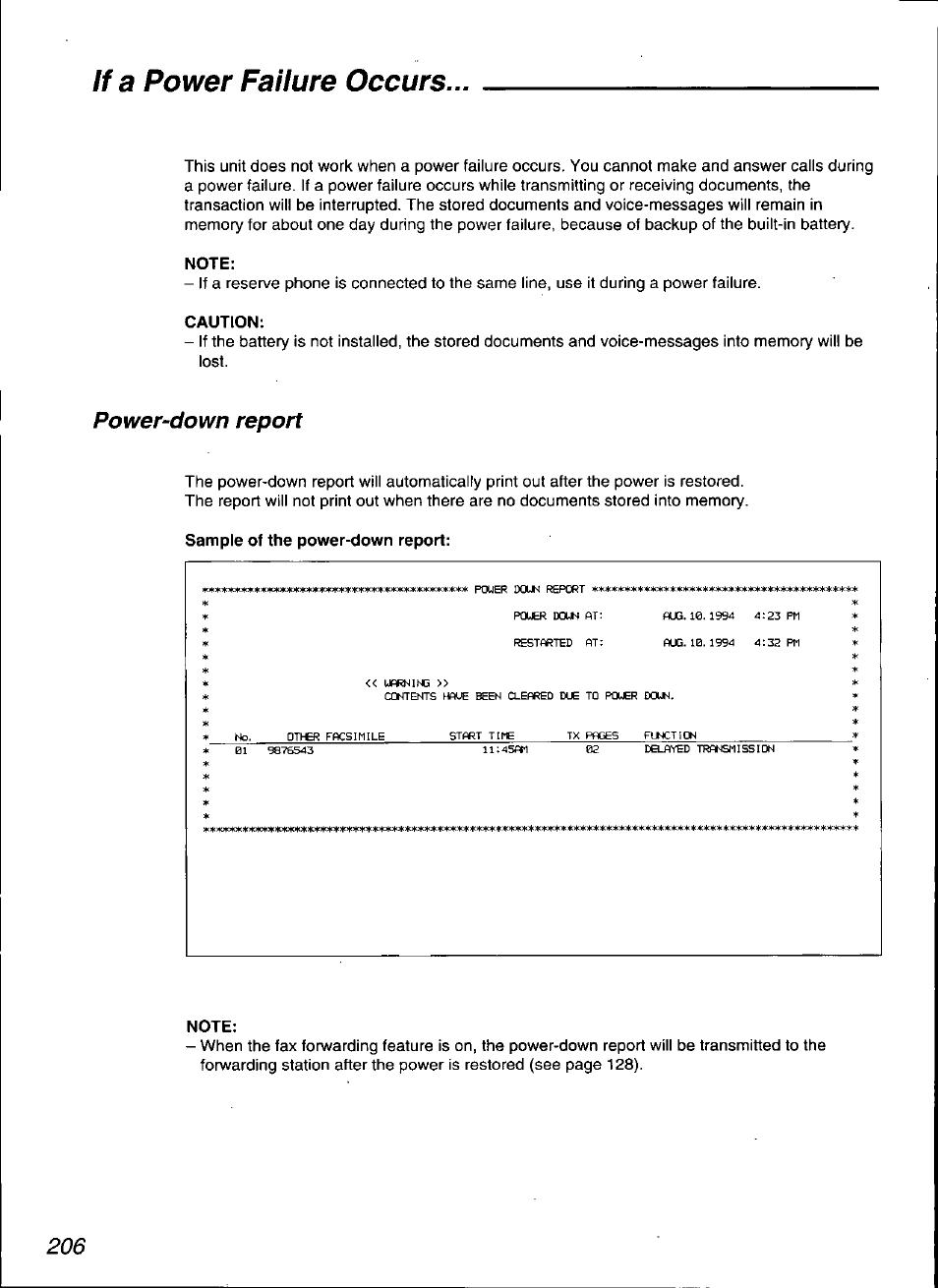 Note, Caution, Sample of the power-down report | If a power failure occurs, Power-down report | Panasonic KX-F3100 User Manual | Page 208 / 248
