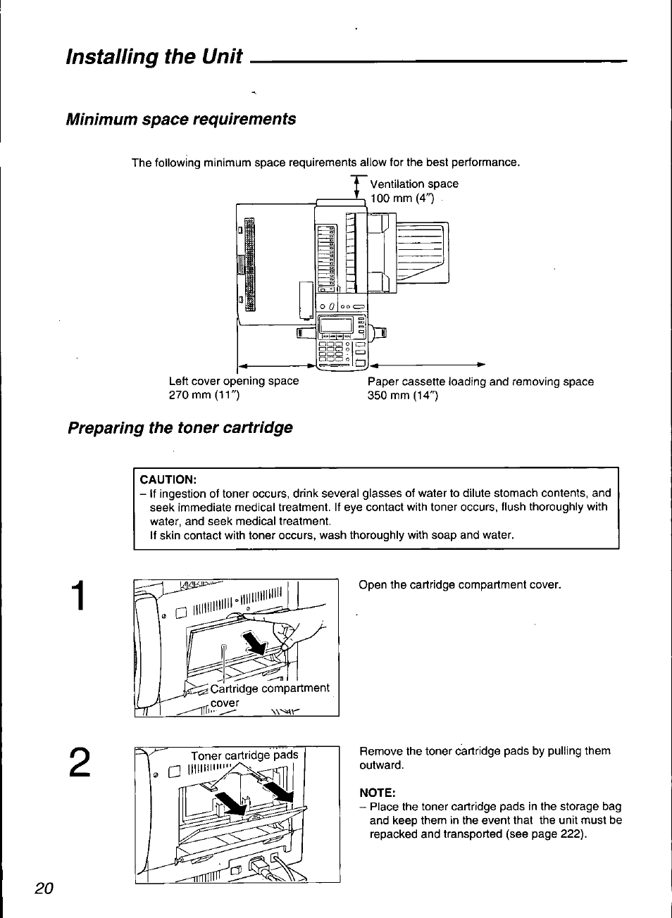 Caution, Note, Installing the unit | Panasonic KX-F3100 User Manual | Page 22 / 248