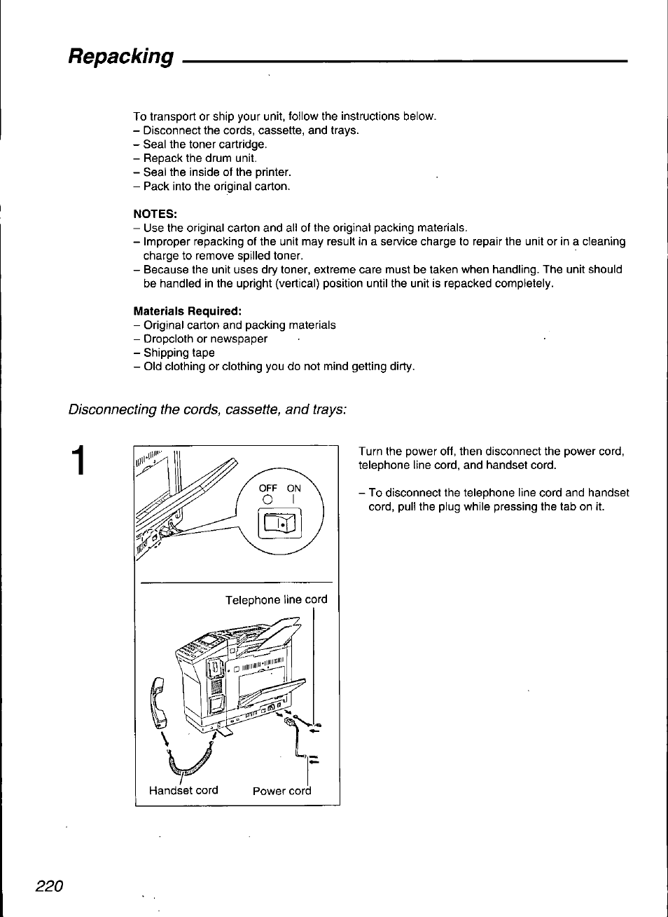 Notes, Materials required, Repacking | Panasonic KX-F3100 User Manual | Page 222 / 248