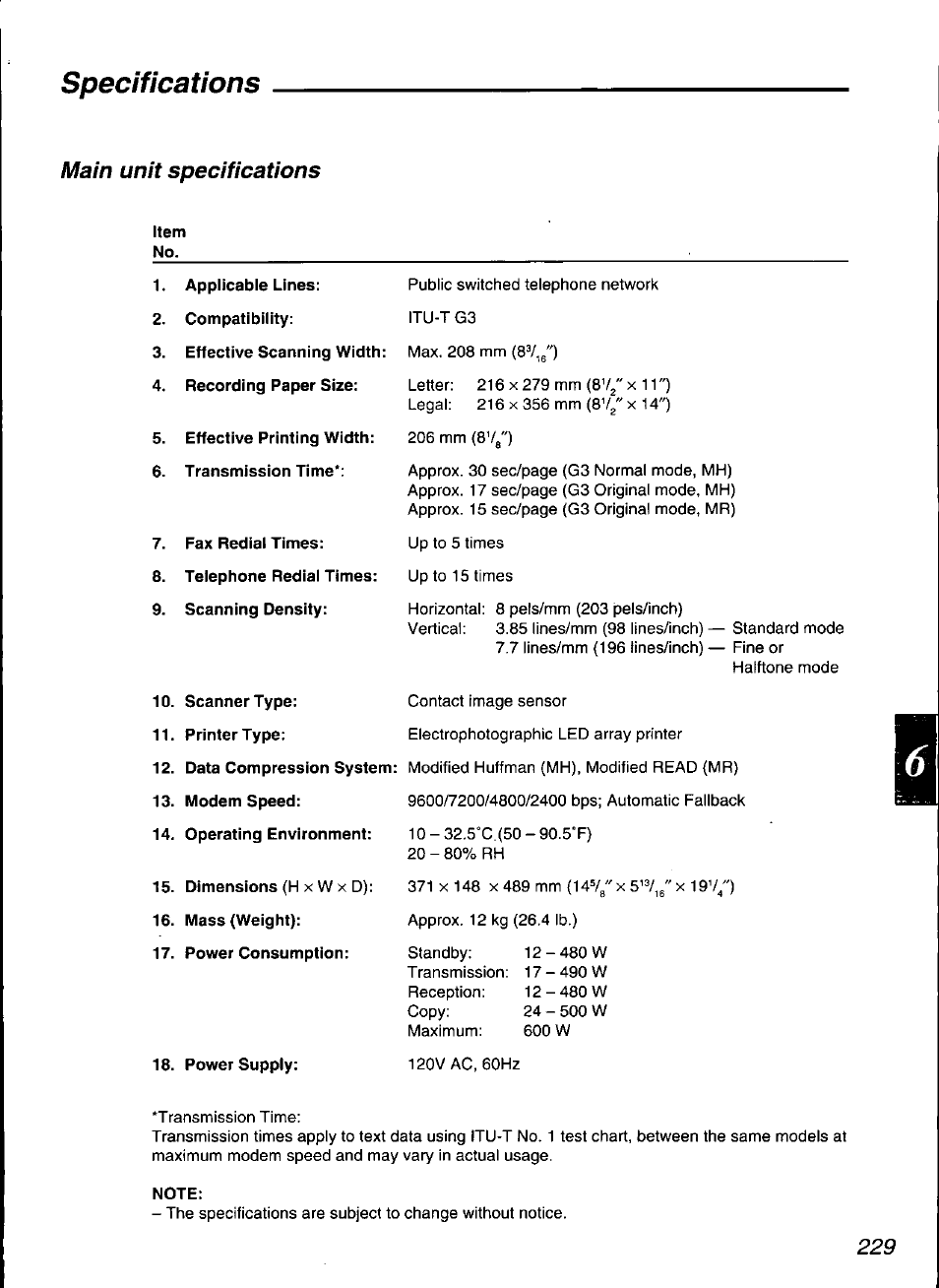 Item, Note, Specifications | Main unit specifications | Panasonic KX-F3100 User Manual | Page 231 / 248