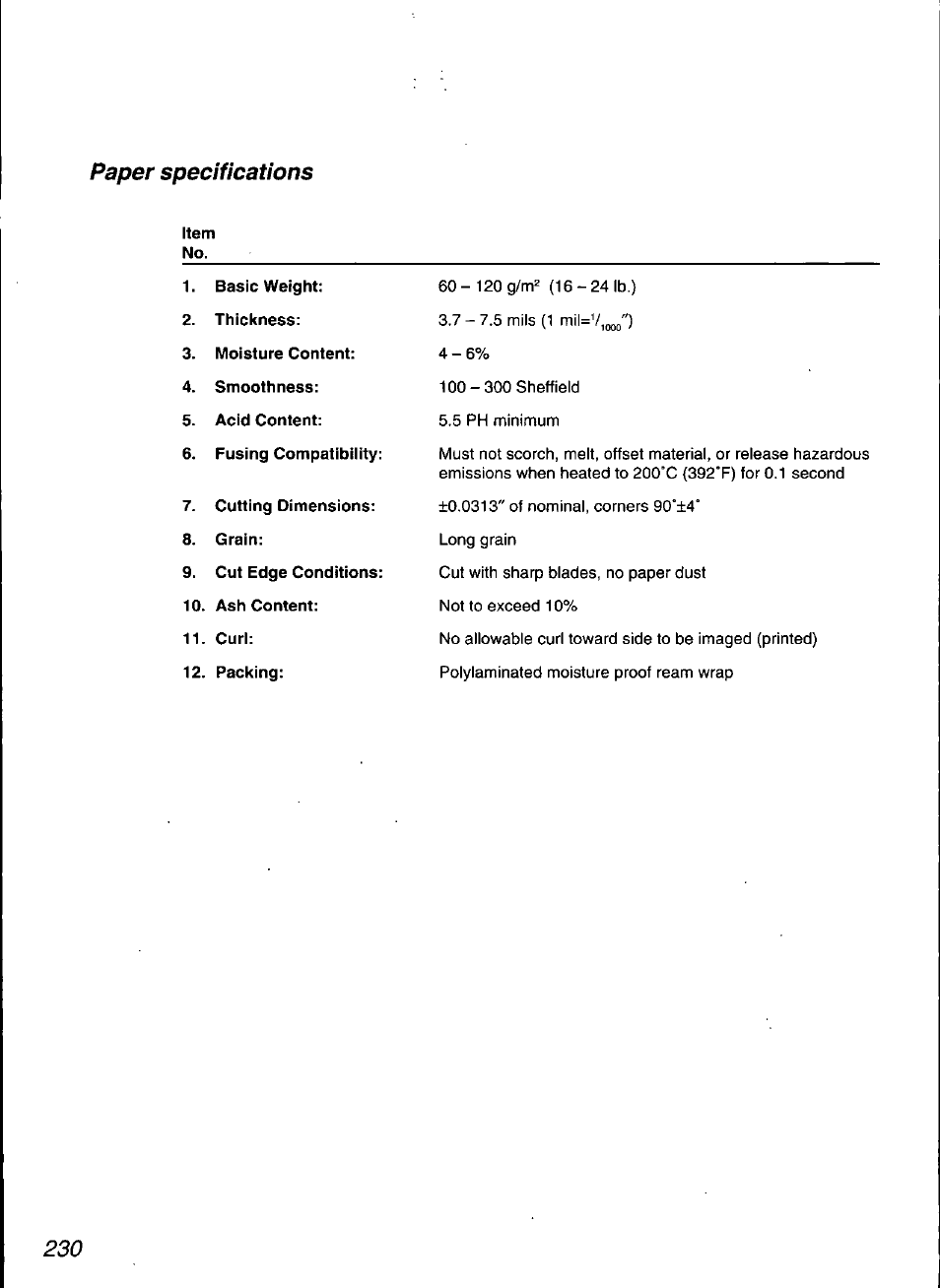 Item, Paper specifications | Panasonic KX-F3100 User Manual | Page 232 / 248