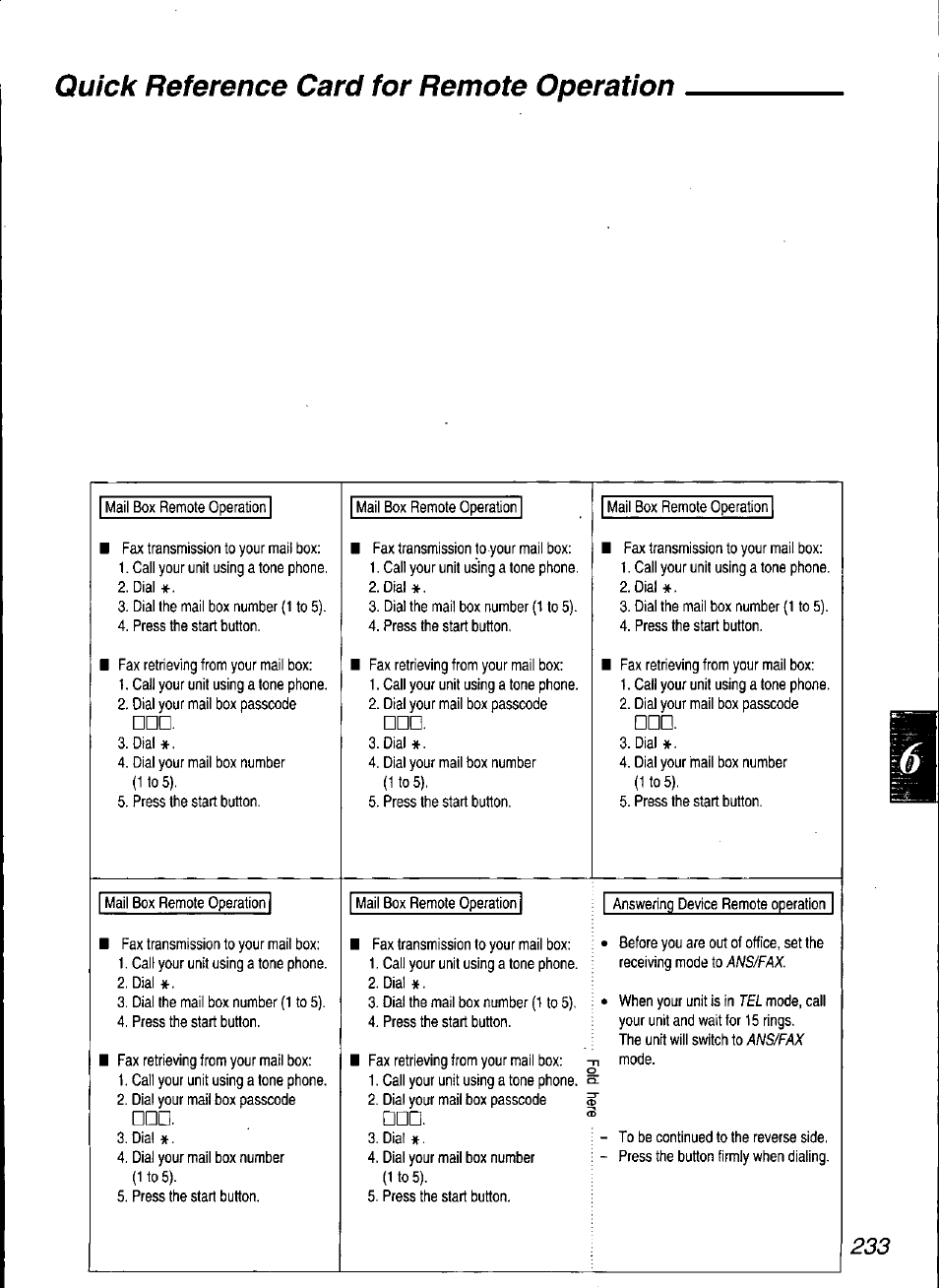 Quick reference card for remote operation | Panasonic KX-F3100 User Manual | Page 235 / 248