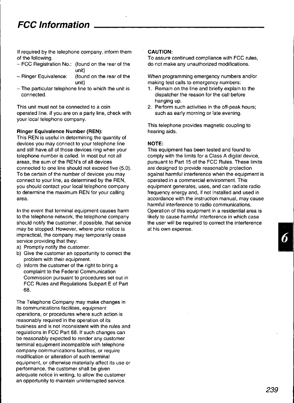 Ringer equivalence number (ren), Caution, Note | Fcc information | Panasonic KX-F3100 User Manual | Page 241 / 248