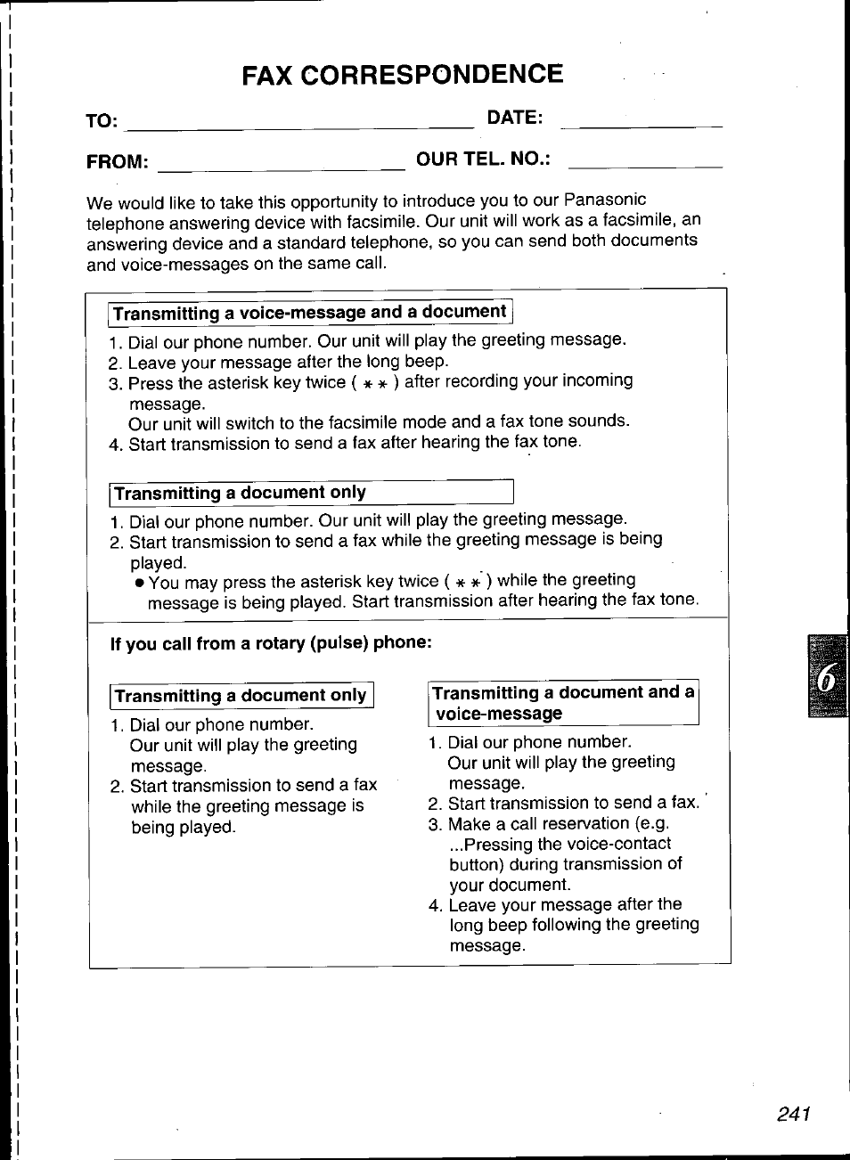 Fax correspondence | Panasonic KX-F3100 User Manual | Page 243 / 248