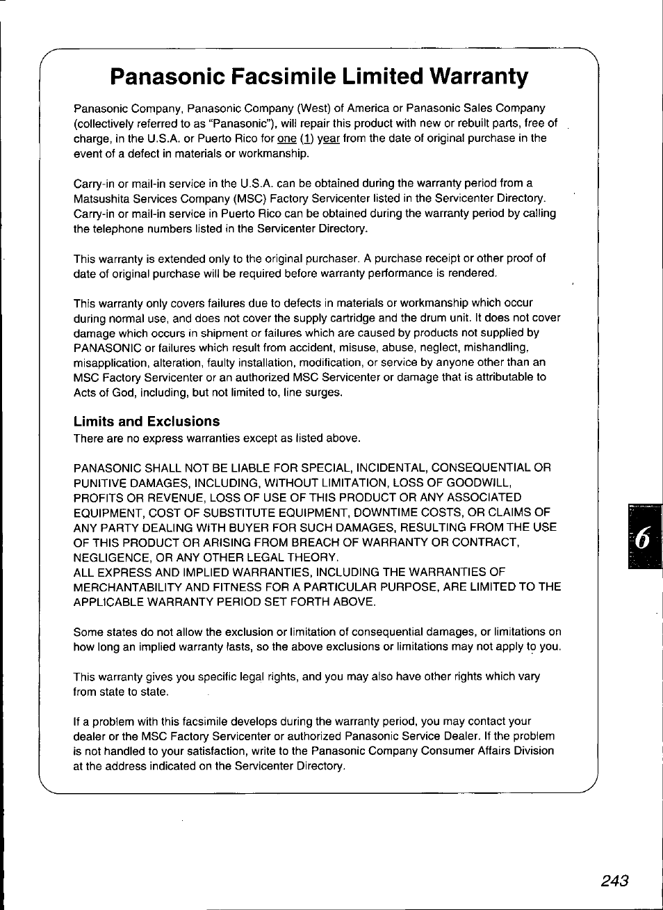 Panasonic facsimile limited warranty | Panasonic KX-F3100 User Manual | Page 245 / 248