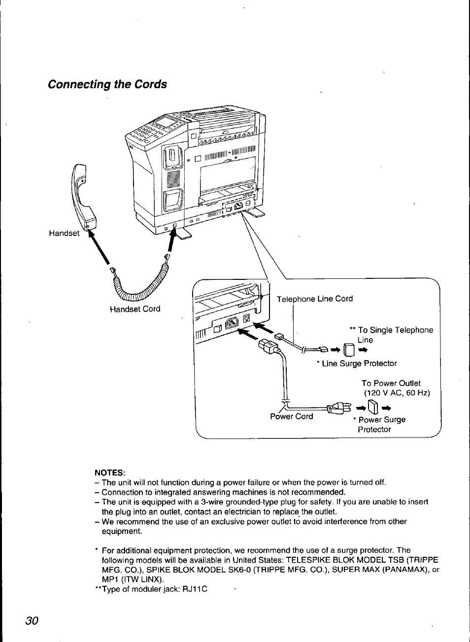 Notes, Connecting the cords | Panasonic KX-F3100 User Manual | Page 32 / 248