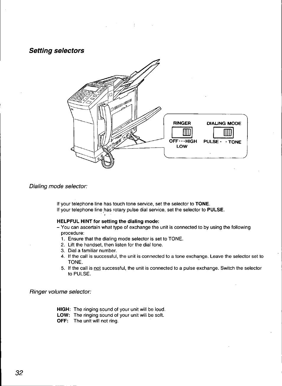 Helpful hint for setting the dialing mode, Setting selectors | Panasonic KX-F3100 User Manual | Page 34 / 248
