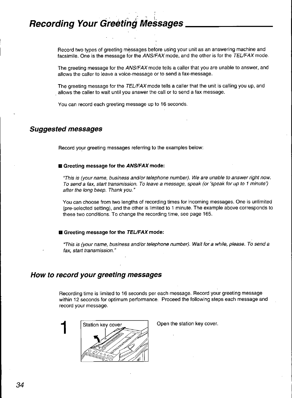 D greeting message for the ans/fax mode, N greeting message for the tel/fax mode, Recording your greeting messages | Suggested messages, How to record your greeting messages | Panasonic KX-F3100 User Manual | Page 36 / 248