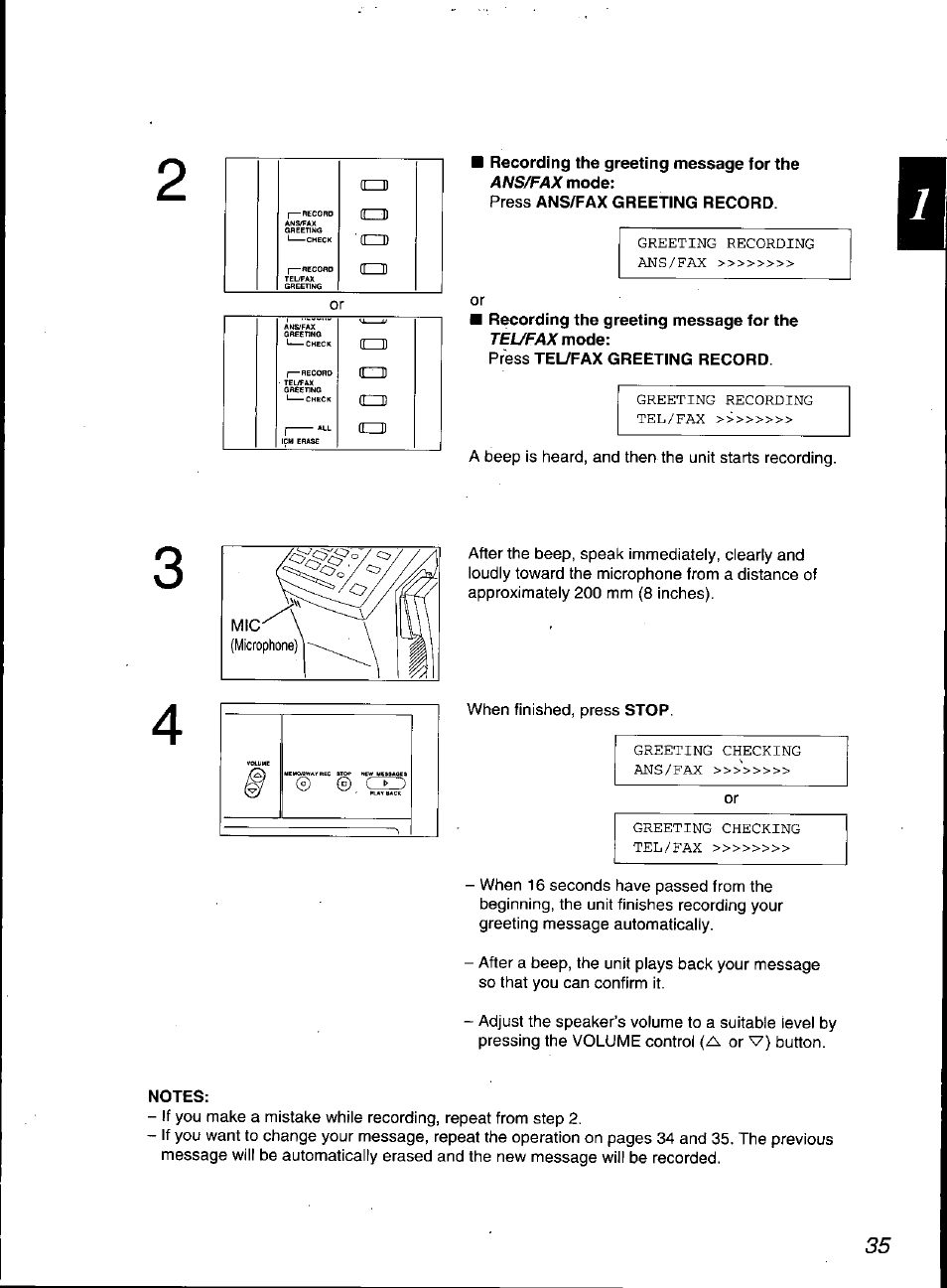 Recording the greeting message for the 4ws/faxmode, Press ans/fax greeting record, Press tel/fax greeting record | Notes | Panasonic KX-F3100 User Manual | Page 37 / 248