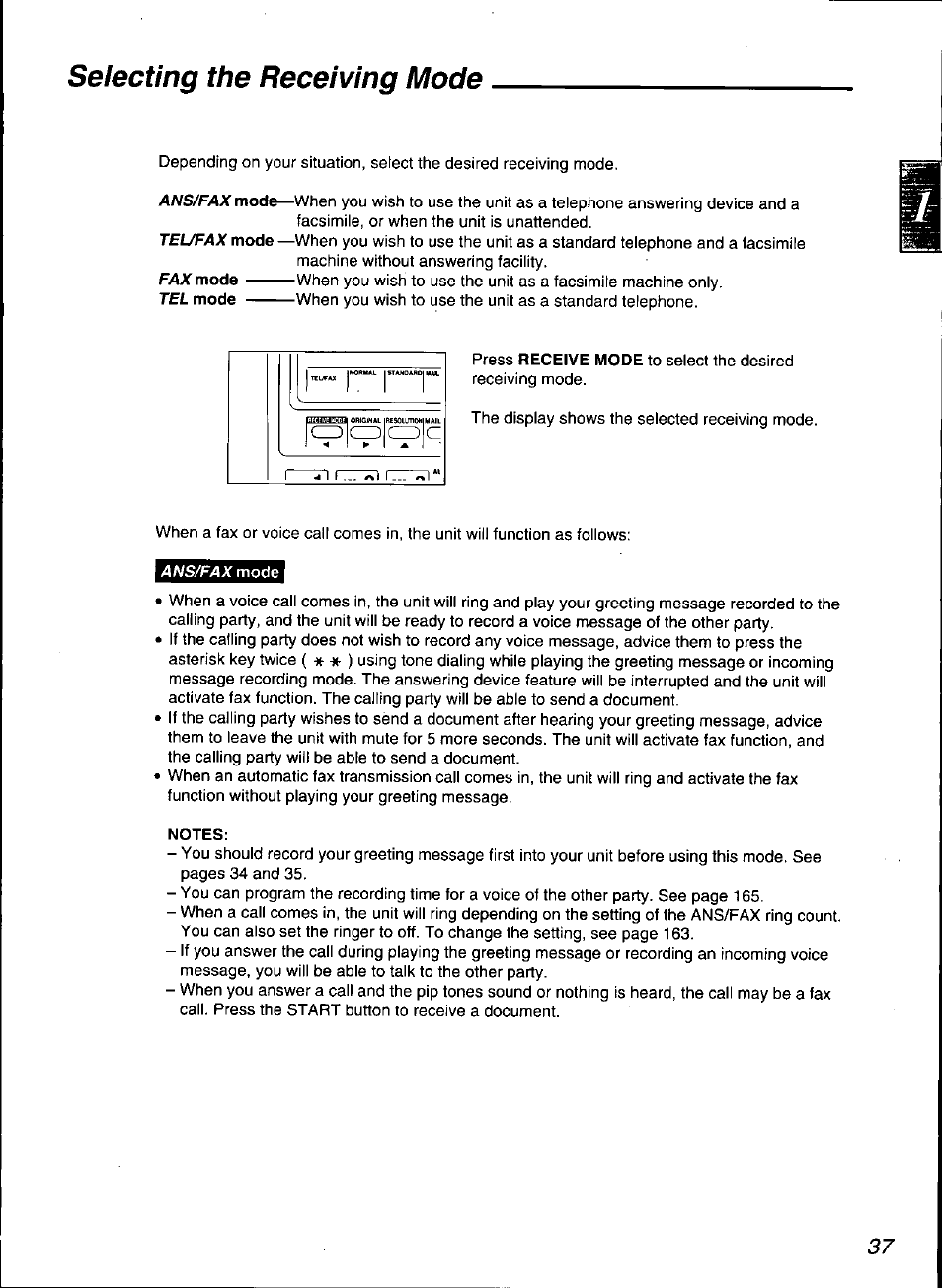 Selecting the receiving mode | Panasonic KX-F3100 User Manual | Page 39 / 248