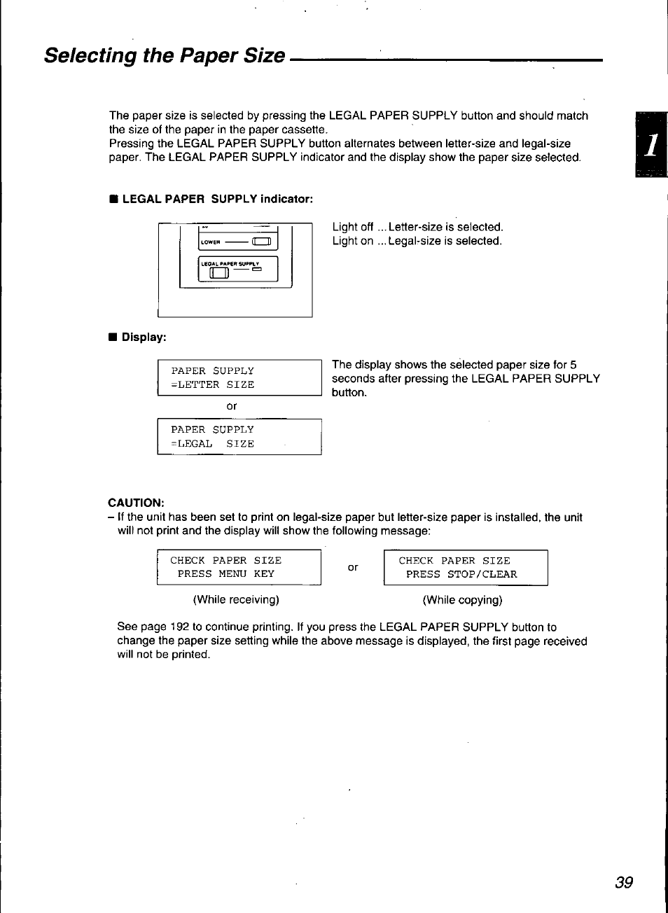 Legal paper supply indicator, Display, Caution | Selecting the paper size | Panasonic KX-F3100 User Manual | Page 41 / 248