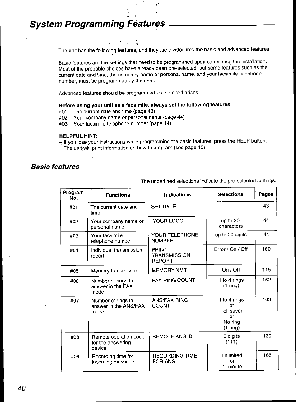 Helpful hint, System programming features, Basic features | Panasonic KX-F3100 User Manual | Page 42 / 248