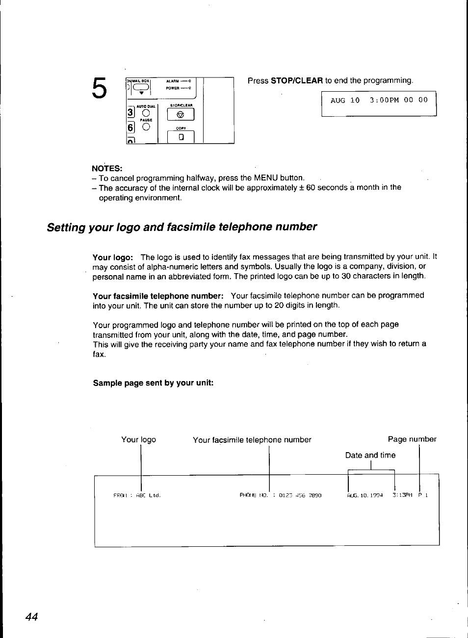 Notes, Setting your logo and facsimile telephone number | Panasonic KX-F3100 User Manual | Page 46 / 248