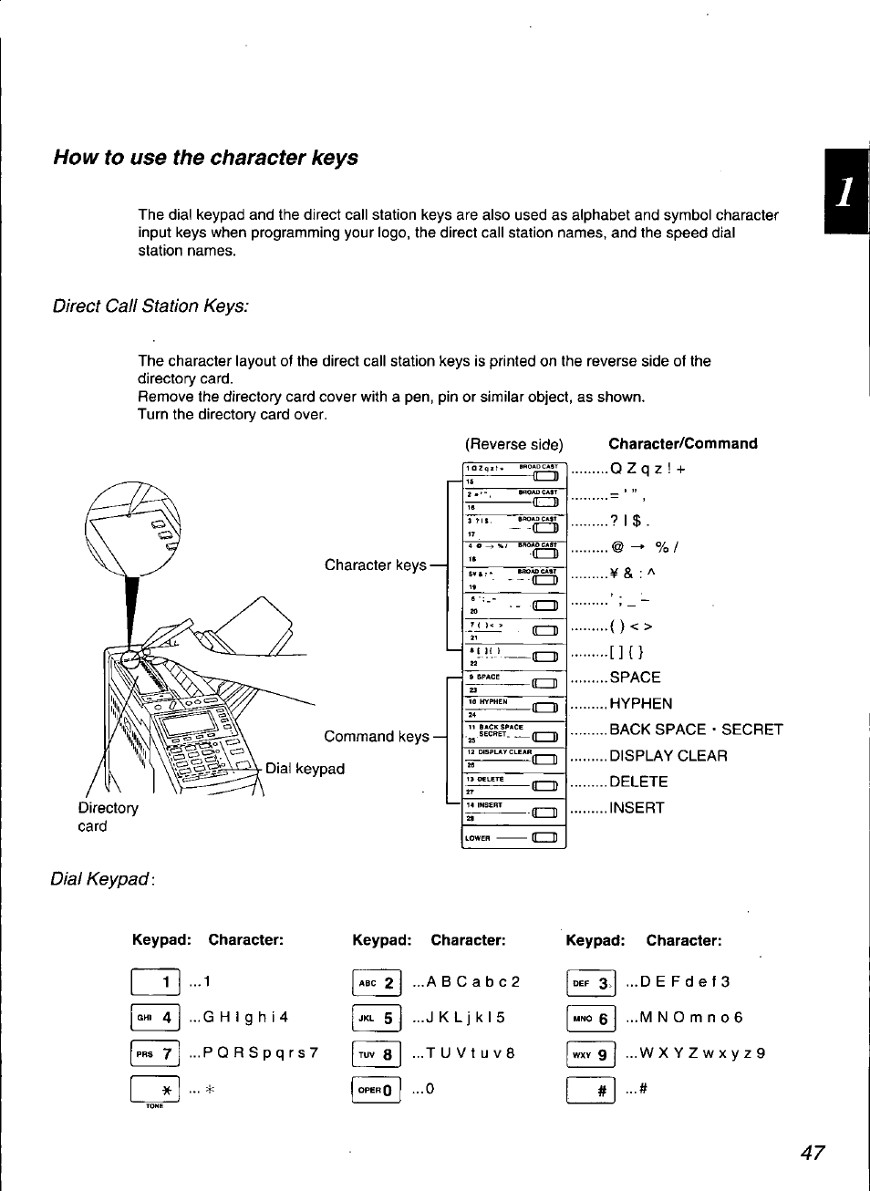Character/command, Keypad: character, I ^ i | How to use the character keys, Direct call station keys, Dial keypad | Panasonic KX-F3100 User Manual | Page 49 / 248