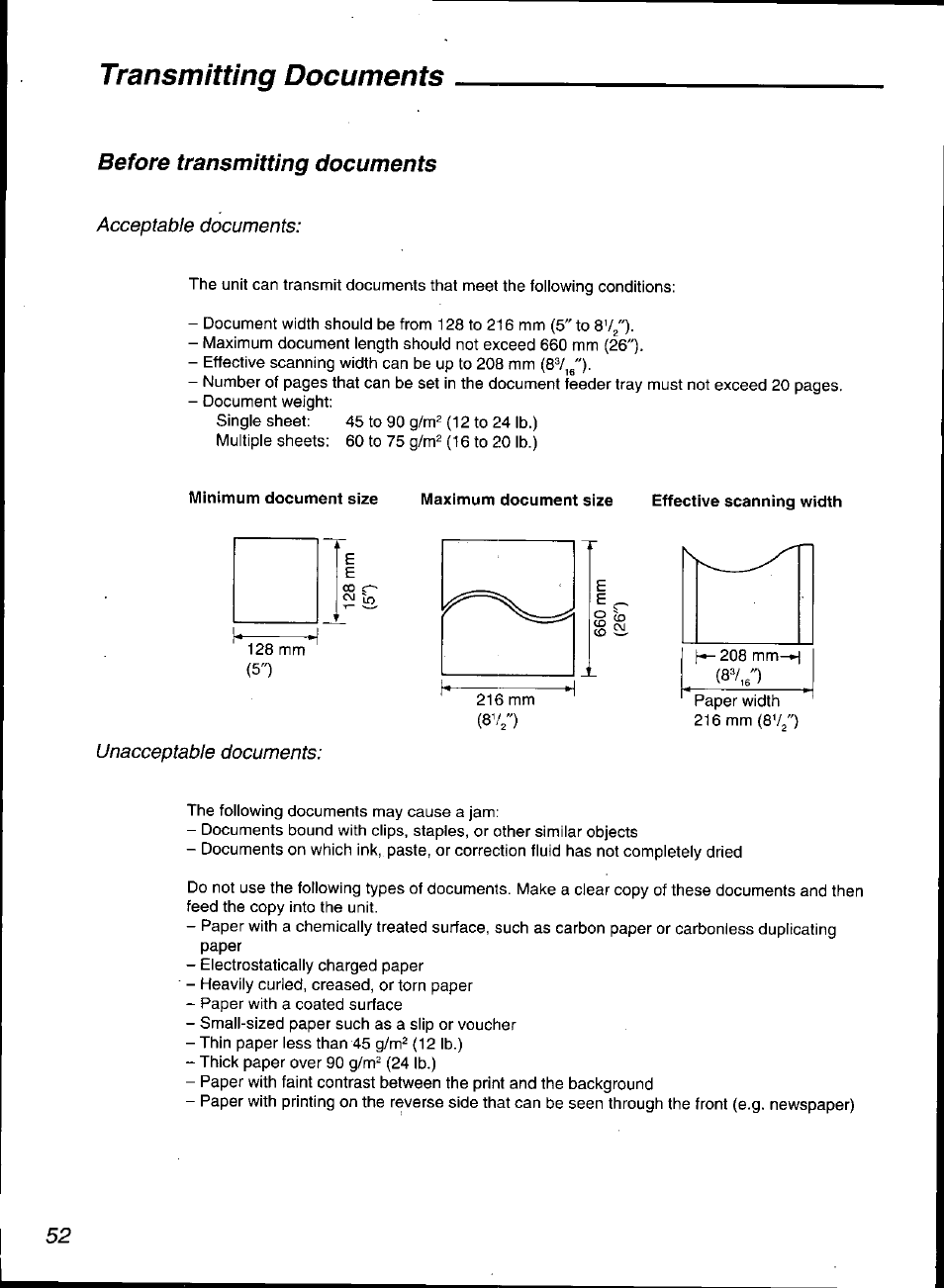 Transmitting documents, Before transmitting documents | Panasonic KX-F3100 User Manual | Page 54 / 248