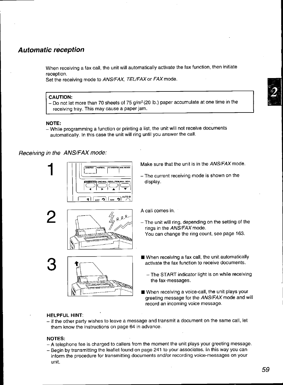 Note, Helpful hint, Notes | Automatic reception | Panasonic KX-F3100 User Manual | Page 61 / 248