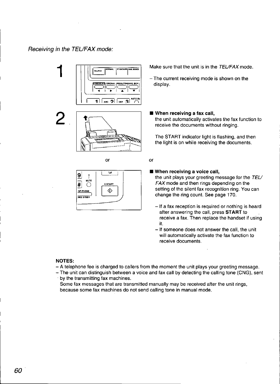 When receiving a fax call, When receiving a voice call, Notes | Panasonic KX-F3100 User Manual | Page 62 / 248