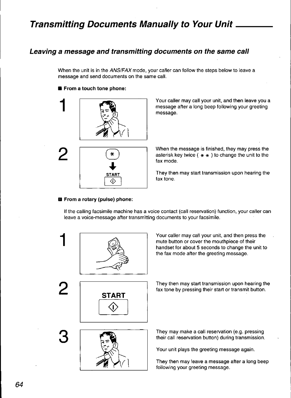 From a touch tone phone, From a rotary (pulse) phone, Transmitting documents manuaiiy to your unit | Panasonic KX-F3100 User Manual | Page 66 / 248