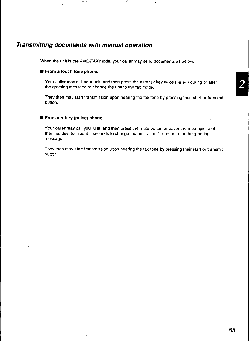 From a touch tone phone, From a rotary (pulse) phone, Transmitting documents with manual operation | Panasonic KX-F3100 User Manual | Page 67 / 248