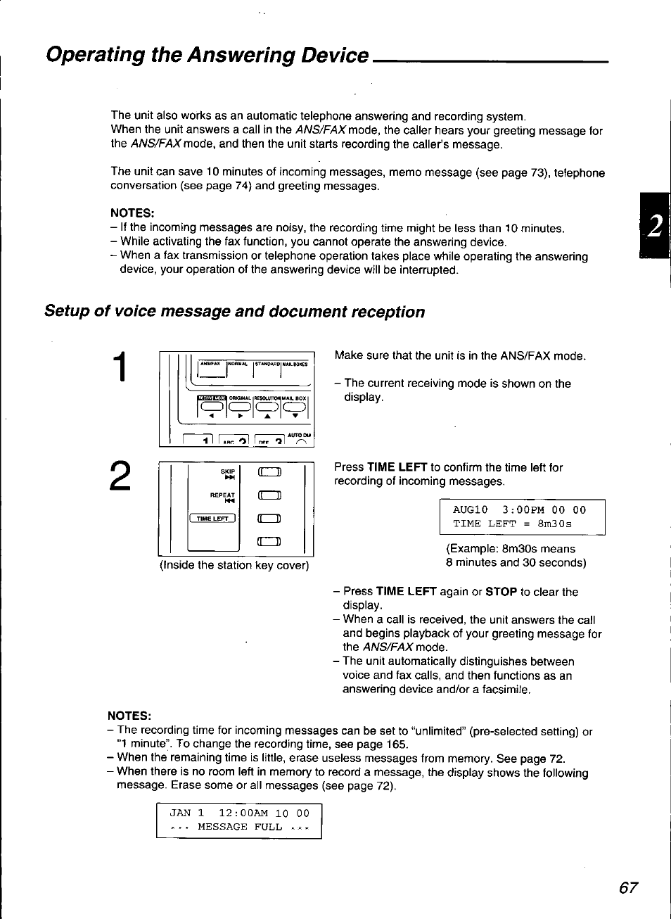 Notes, Operating the answering device, Setup of voice message and document reception | Panasonic KX-F3100 User Manual | Page 69 / 248