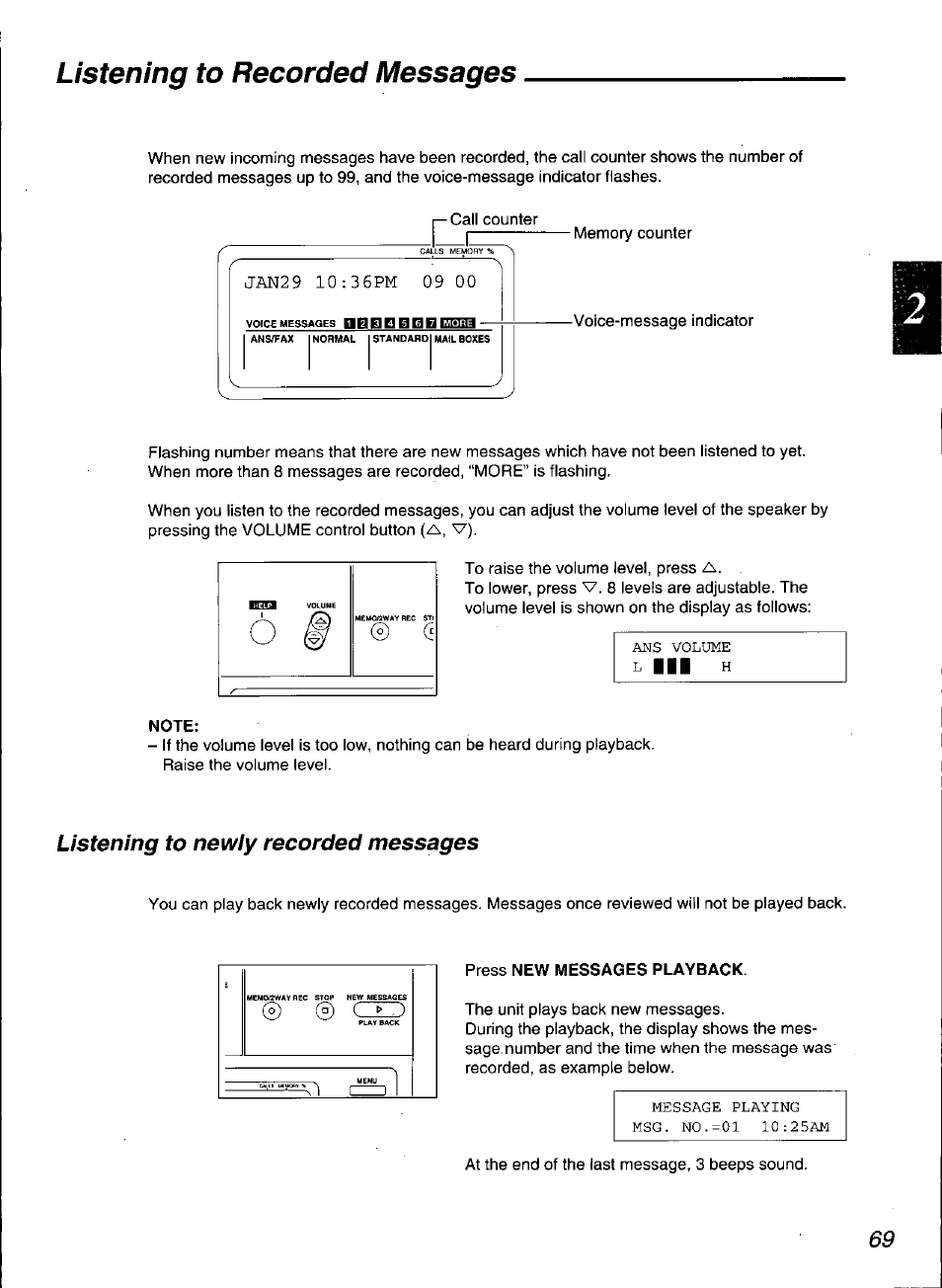 Note, Press new messages playback, Listening to recorded messages | Listening to newiy recorded messages | Panasonic KX-F3100 User Manual | Page 71 / 248