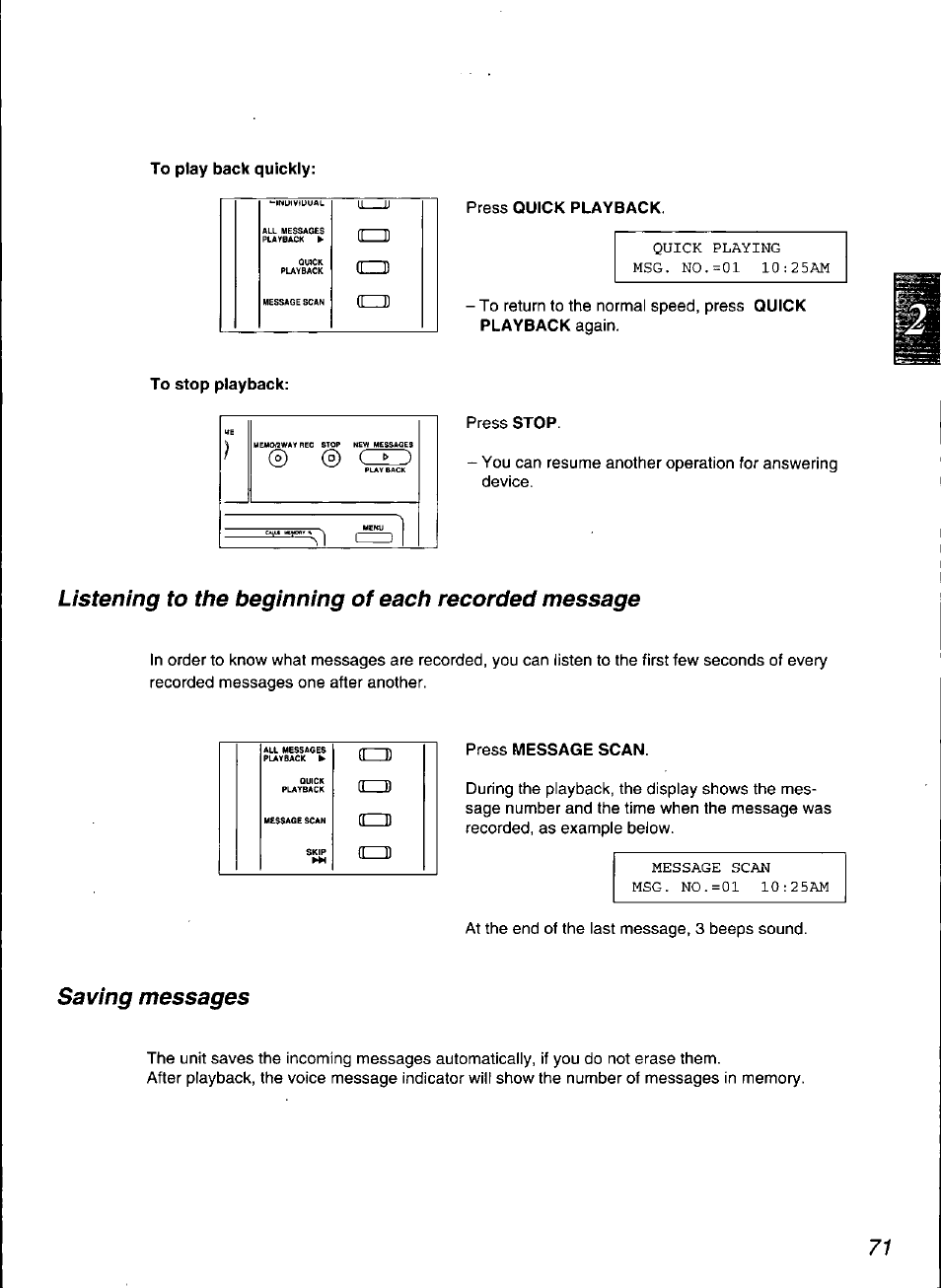 To stop playback, Press quick playback, Press message scan | Saving messages | Panasonic KX-F3100 User Manual | Page 73 / 248