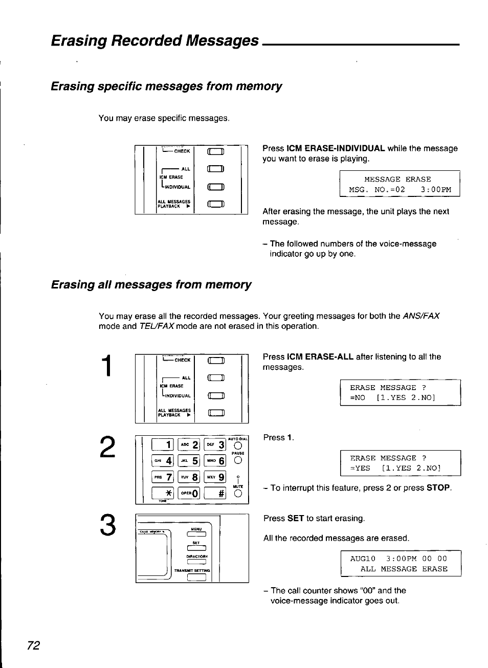 Erasing recorded messages | Panasonic KX-F3100 User Manual | Page 74 / 248