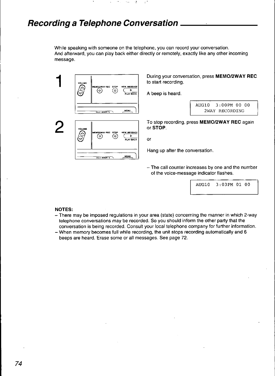 Notes, Recording a telephone conversation | Panasonic KX-F3100 User Manual | Page 76 / 248
