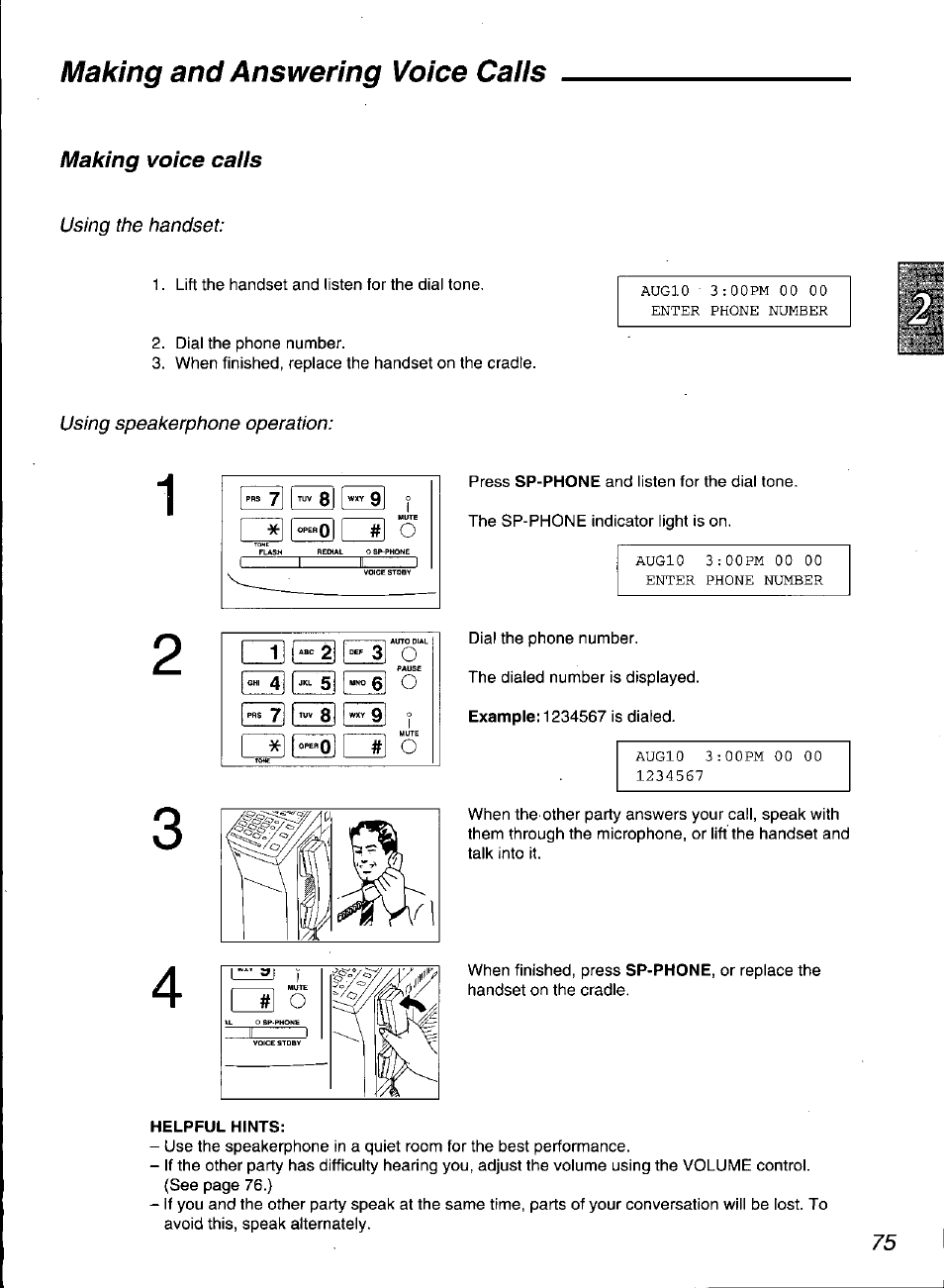 Helpful hints, Making and answering voice caiis | Panasonic KX-F3100 User Manual | Page 77 / 248