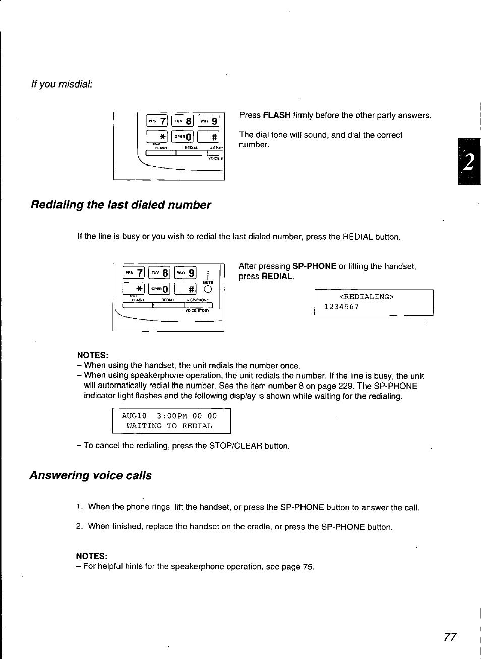 Notes, Redialing the iast dialed number, Answering voice caiis | Panasonic KX-F3100 User Manual | Page 79 / 248