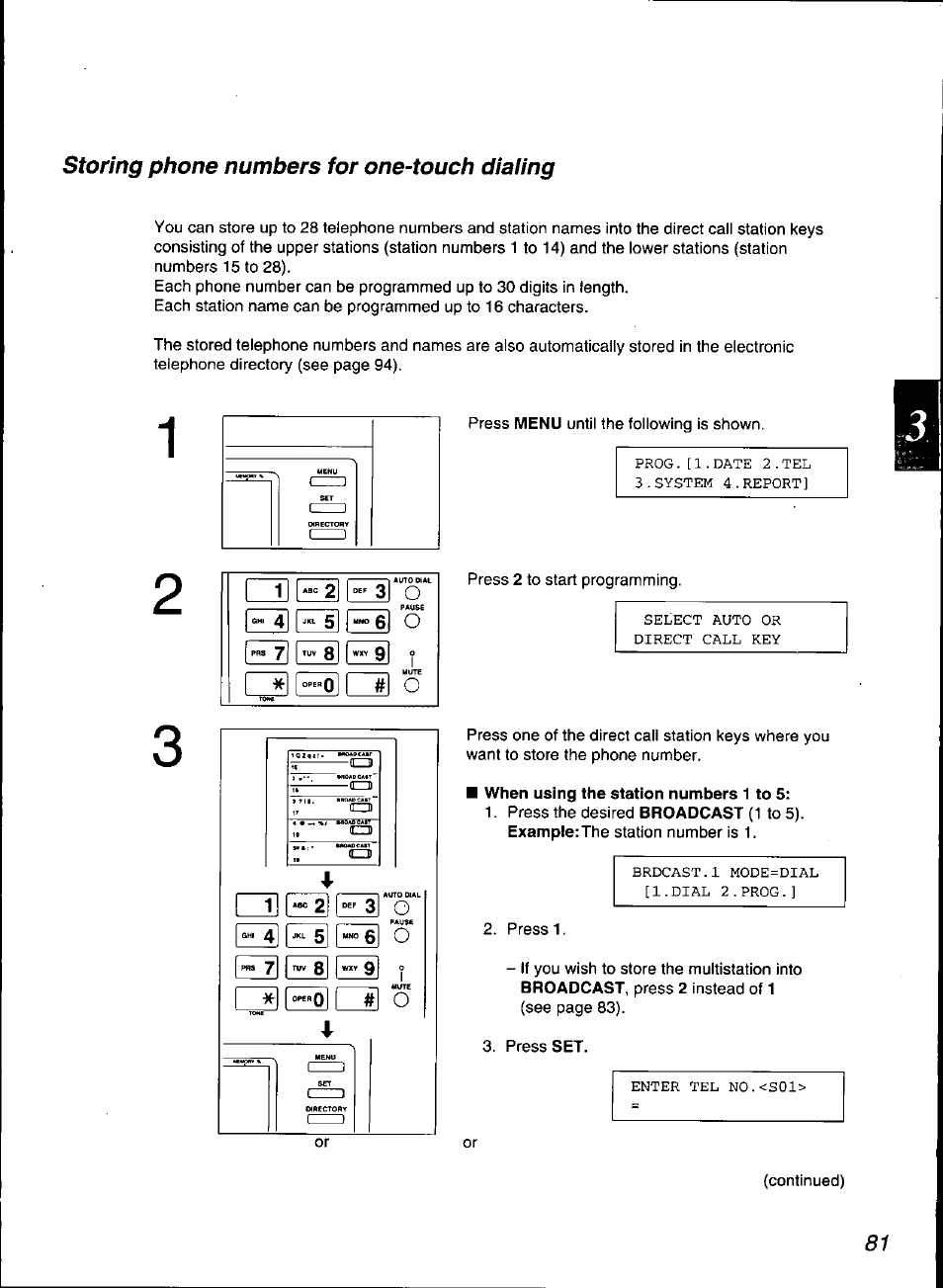 When using the station numbers 1 to 5, Storing phone numbers for one-touch dialing, I 4] 511 s | Panasonic KX-F3100 User Manual | Page 83 / 248