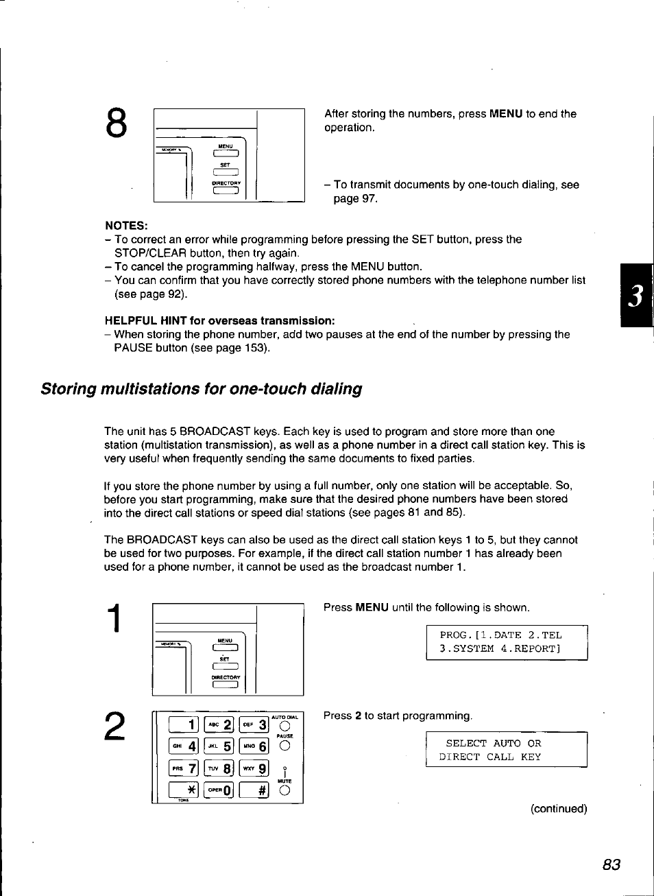 Helpful hint for overseas transmission, Storing multistations for one-touch dialing | Panasonic KX-F3100 User Manual | Page 85 / 248