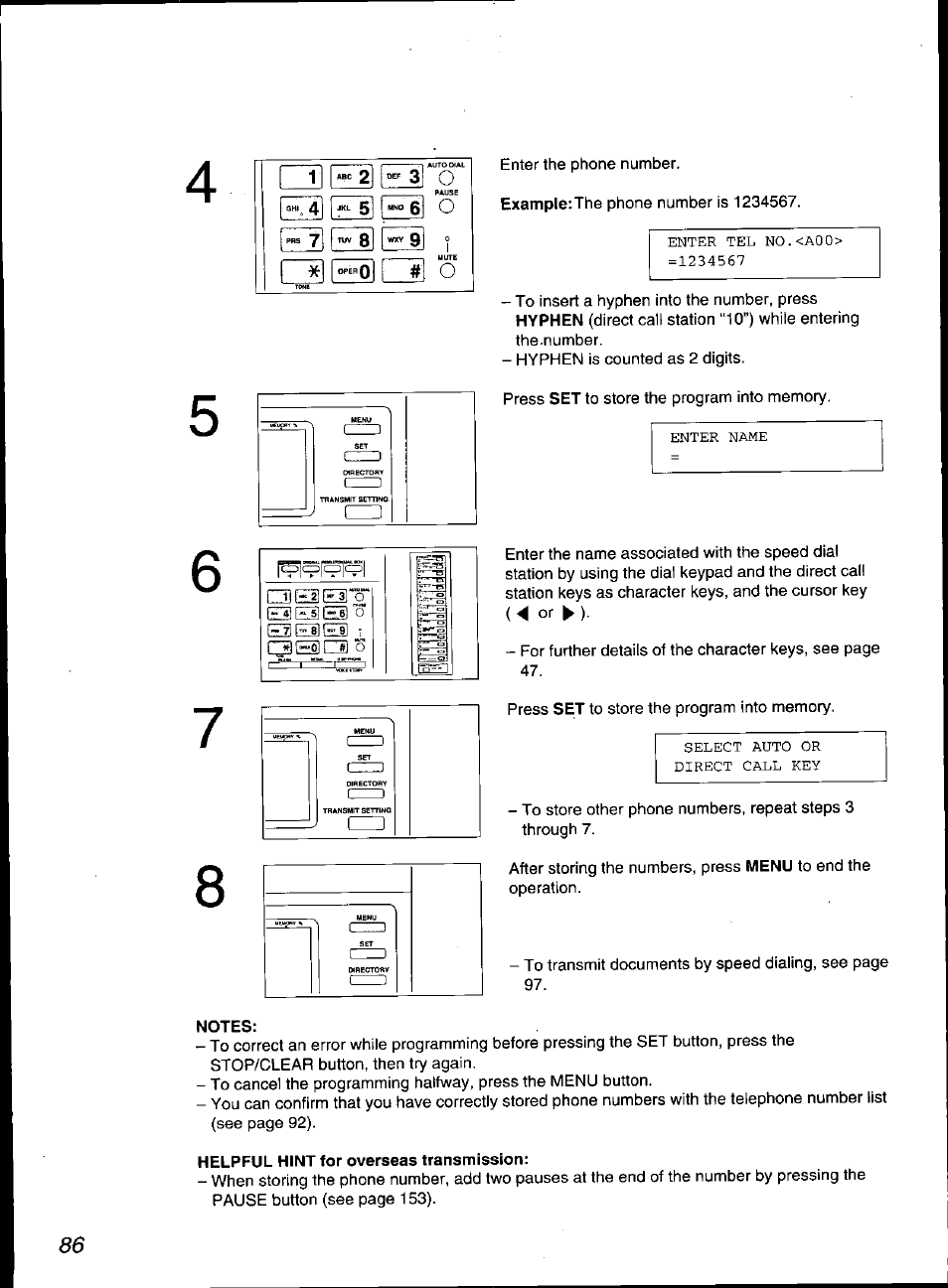 Notes, Helpful hint for overseas transmission | Panasonic KX-F3100 User Manual | Page 88 / 248