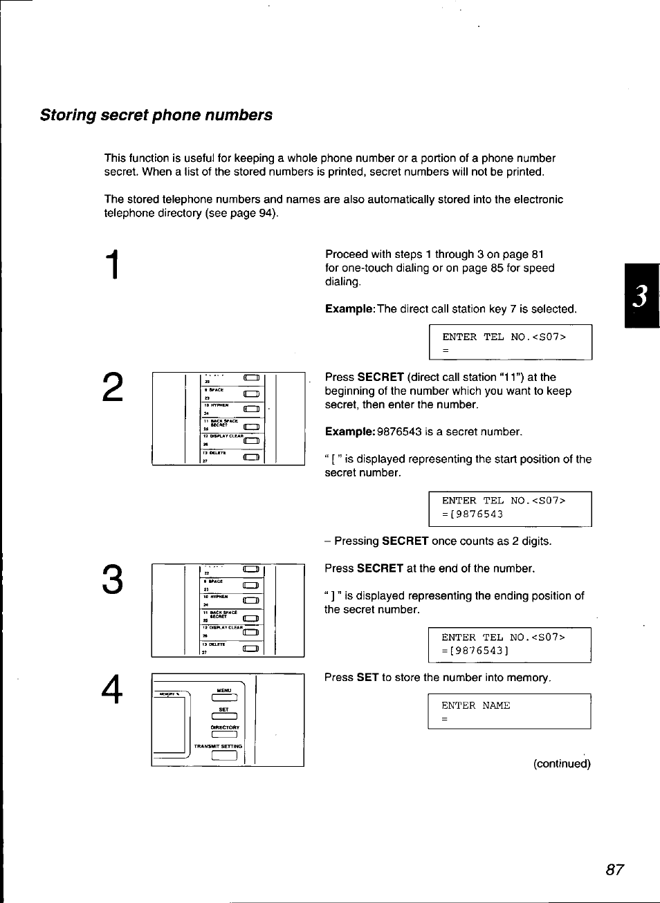 Storing secret phone numbers | Panasonic KX-F3100 User Manual | Page 89 / 248