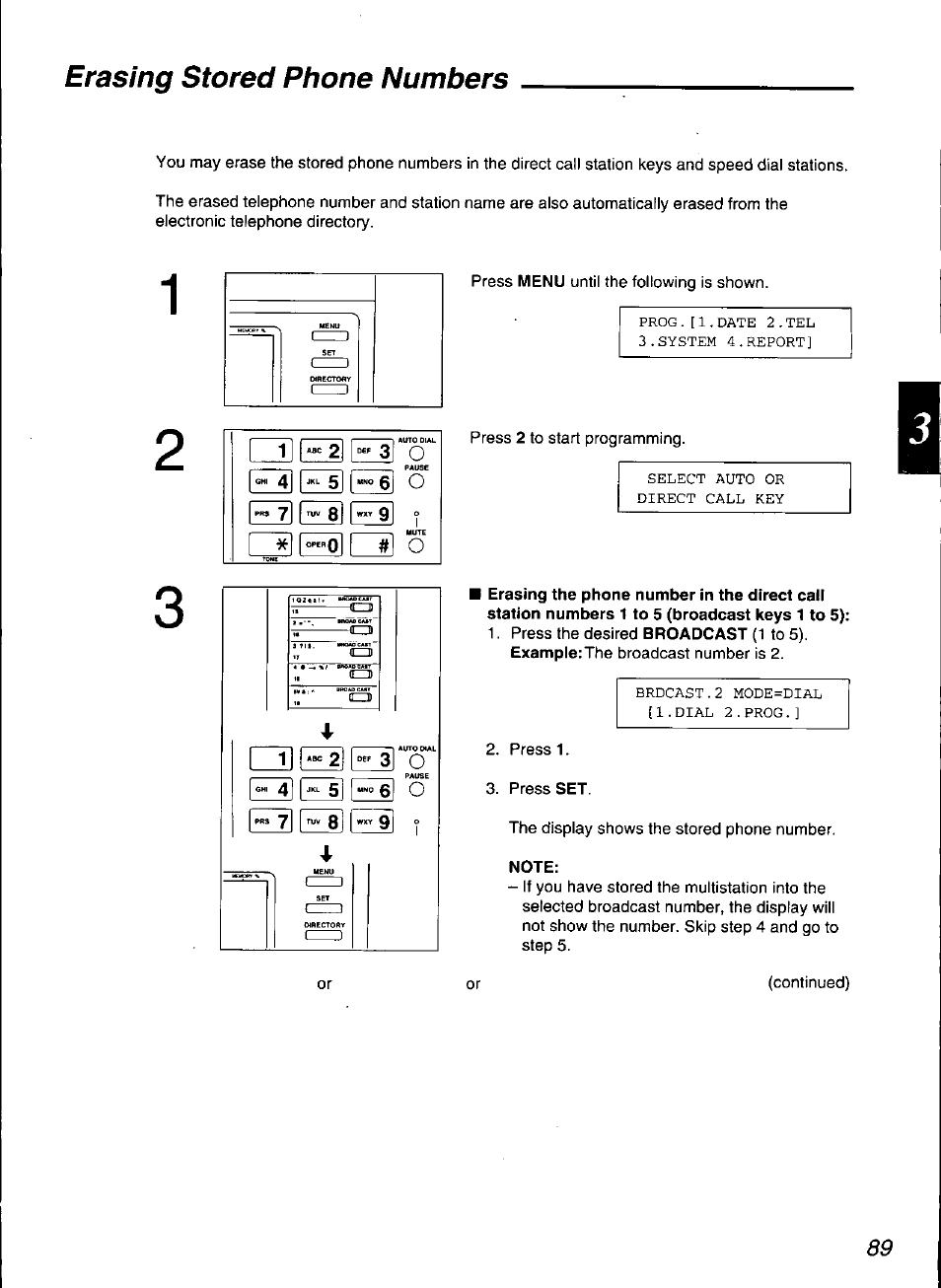 Note, Erasing stored phone numbers, J\ o | Panasonic KX-F3100 User Manual | Page 91 / 248
