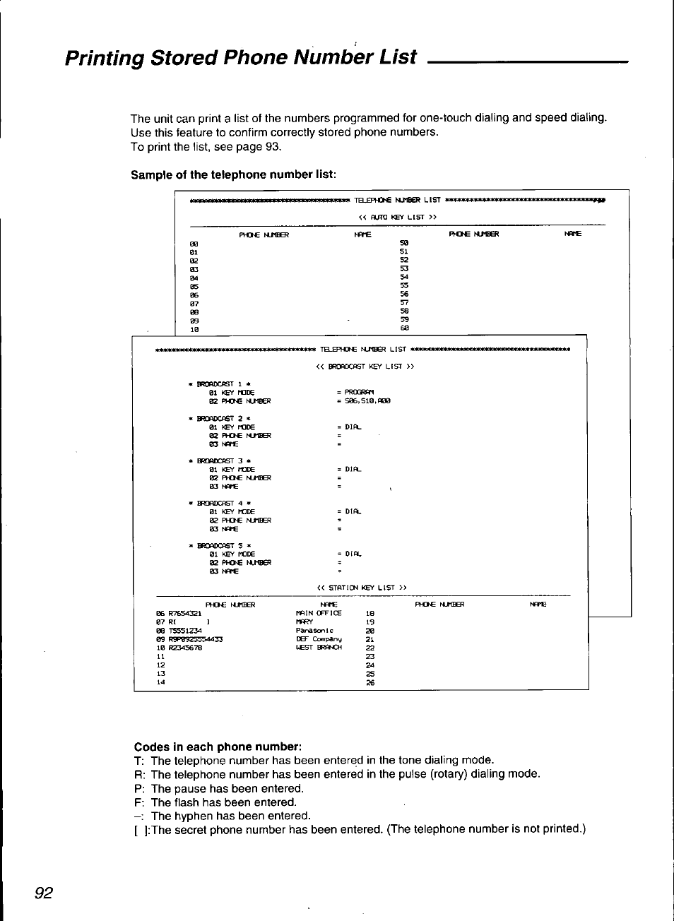 Codes in each phone number, Printing stored phone number list | Panasonic KX-F3100 User Manual | Page 94 / 248