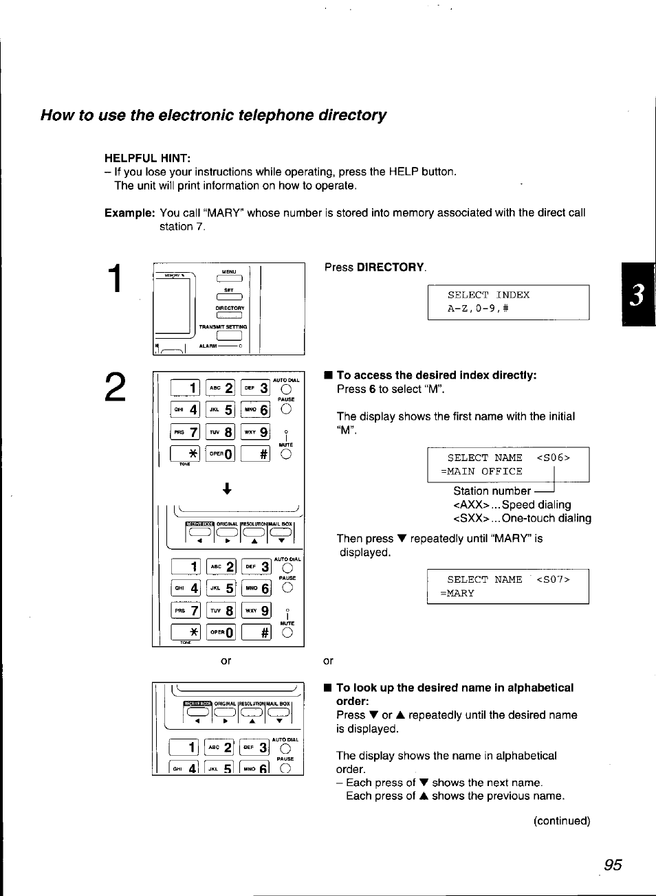 Helpful hint, To access the desired index directly, To look up the desired name in alphabetical order | How to use the electronic telephone directory, 1 “«2 3 o | Panasonic KX-F3100 User Manual | Page 97 / 248