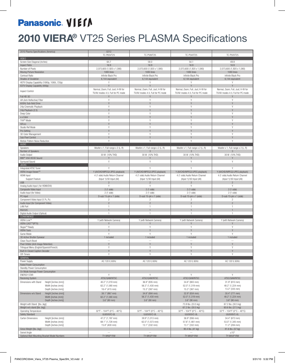 Vt25 series plasma specifications, Panasonic. v u t a, 2010 viera | Panasonic VT25 User Manual | Page 2 / 2