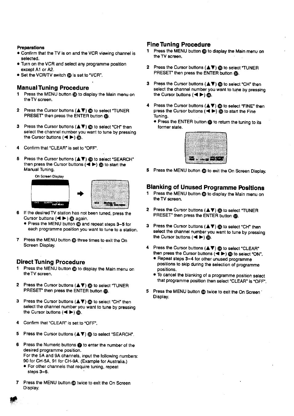 Preparations, Manual tuning procedure, Direct tuning procedure | Fine tuning procedure, Blanking of unused programme positions | Panasonic nv-sj400 User Manual | Page 10 / 34