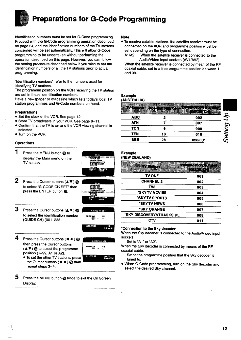 Preparations for g-code programming, Preparations, Operations | Note, Connection to the sky decoder | Panasonic nv-sj400 User Manual | Page 13 / 34